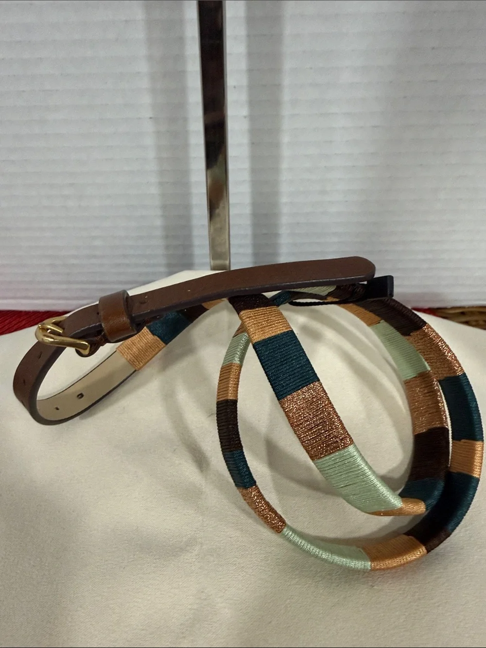 J. Crew Brown Leather Belt with Striped Satin Wrap in Mint, Teal & Copper - Picture 3 of 4